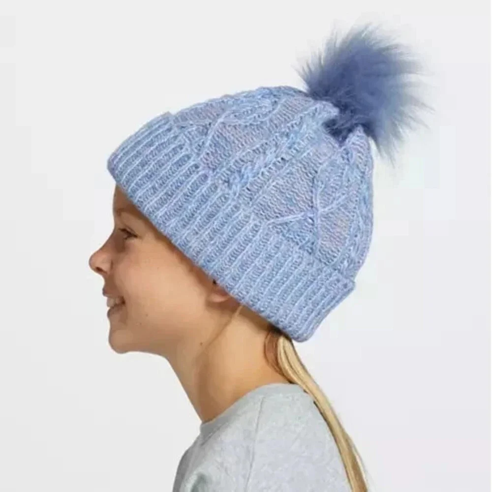 DSG Beanie Hat Girls One Size Blue Melange Stretch Headwear Cable Pom Cap SRT377